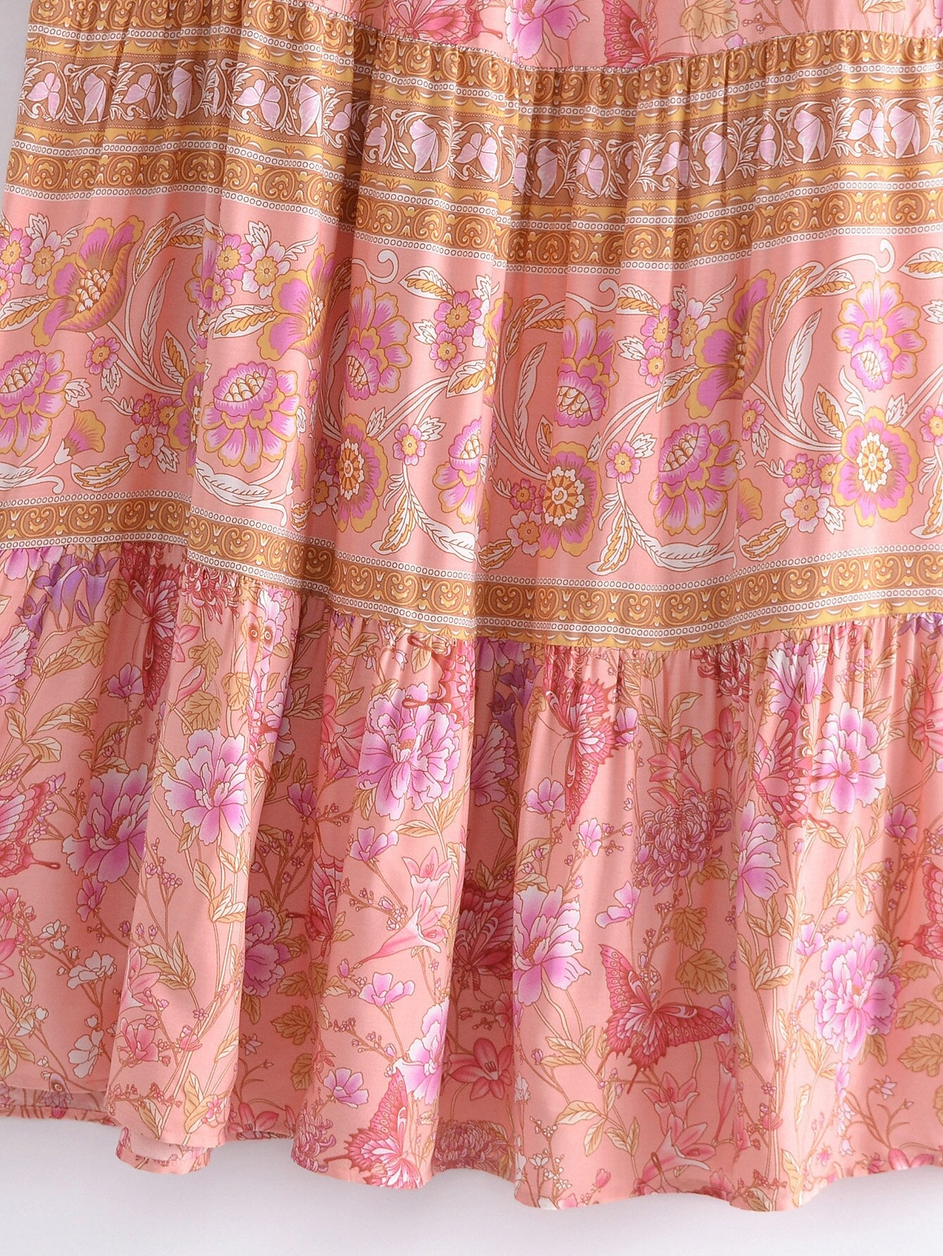 Pink Butterfly Boho Floral Print Long Sleeve Maxi Dress