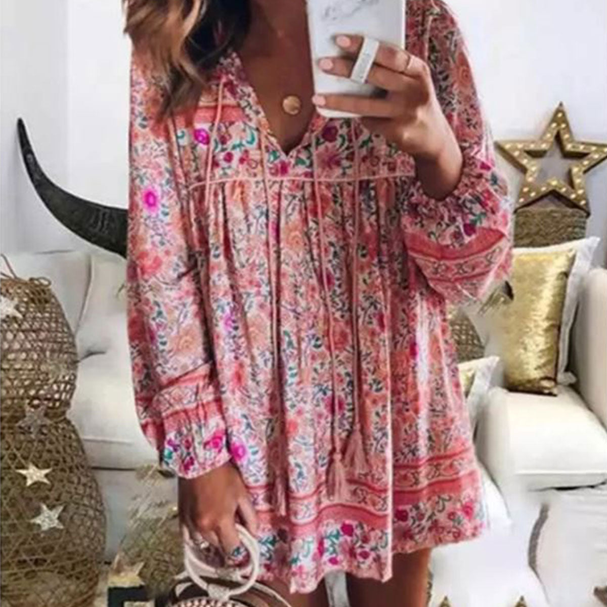 Petal Pink Boho Floral Print Mini Dress