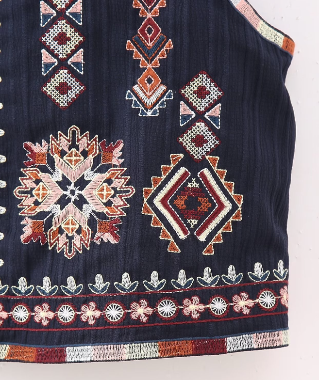 Navy Boho Aztec Embroidered Vest