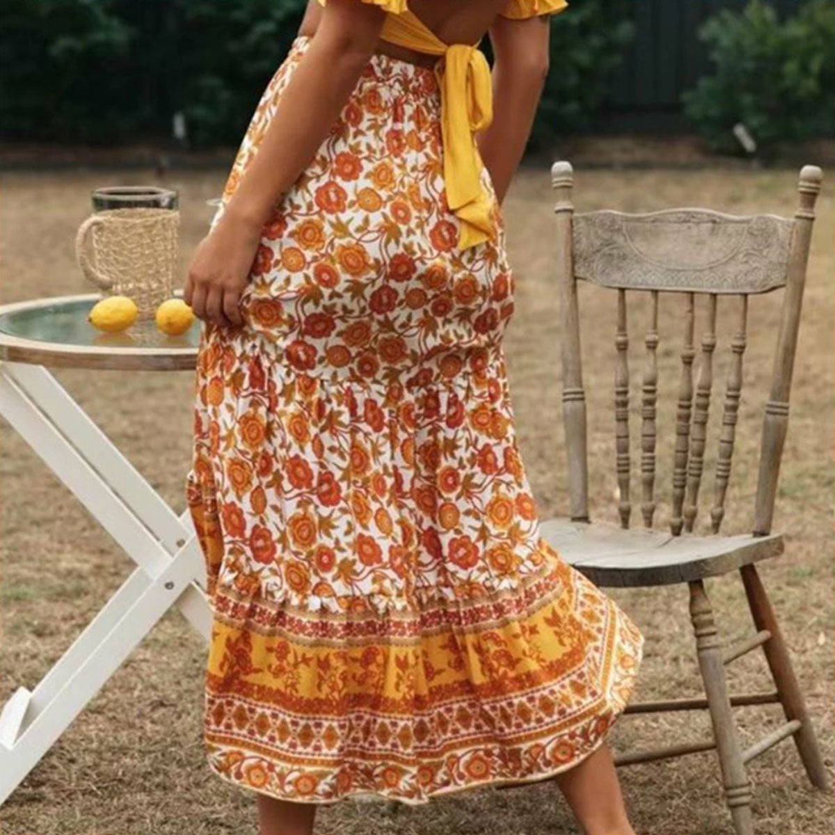 Marigold Orange Boho Floral Print Midi Skirt