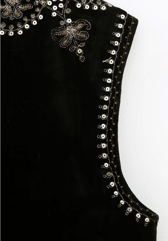 Black Boho Sequin Embroidered Vest
