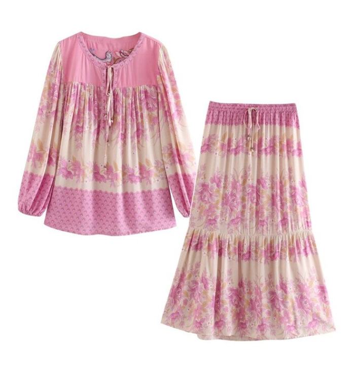 Pink Lovebird Boho Floral Print Midi Skirt