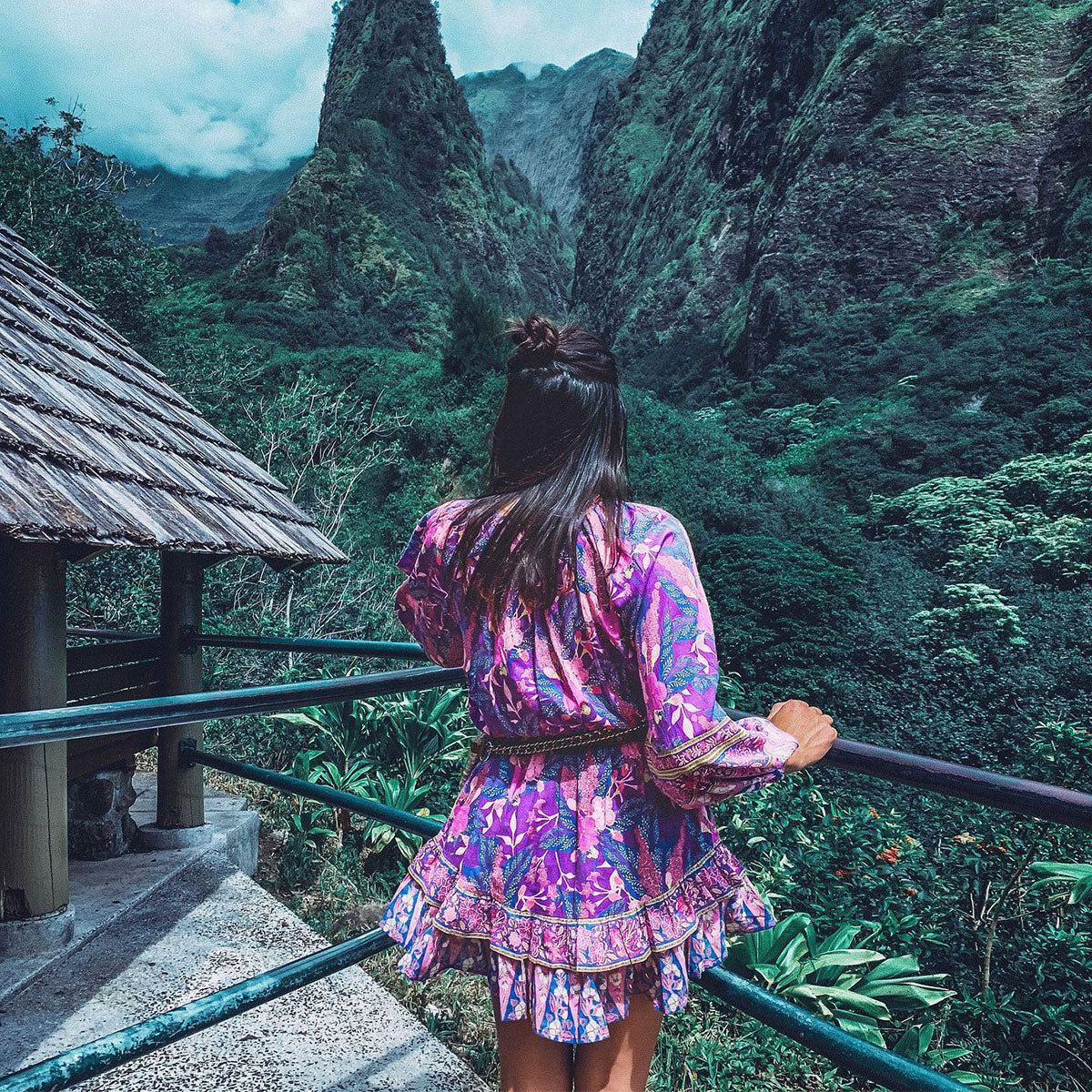 Purple Wisteria Boho Floral Print Long Sleeve Mini Dress