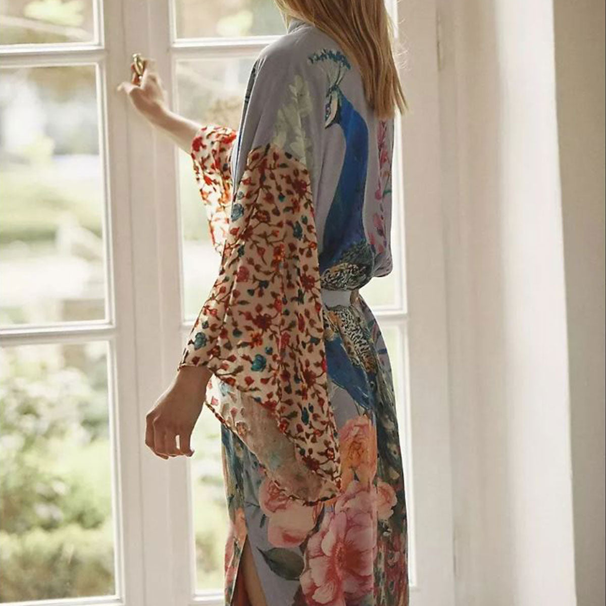 Peacock Dream Boho Floral Print Midi Robe
