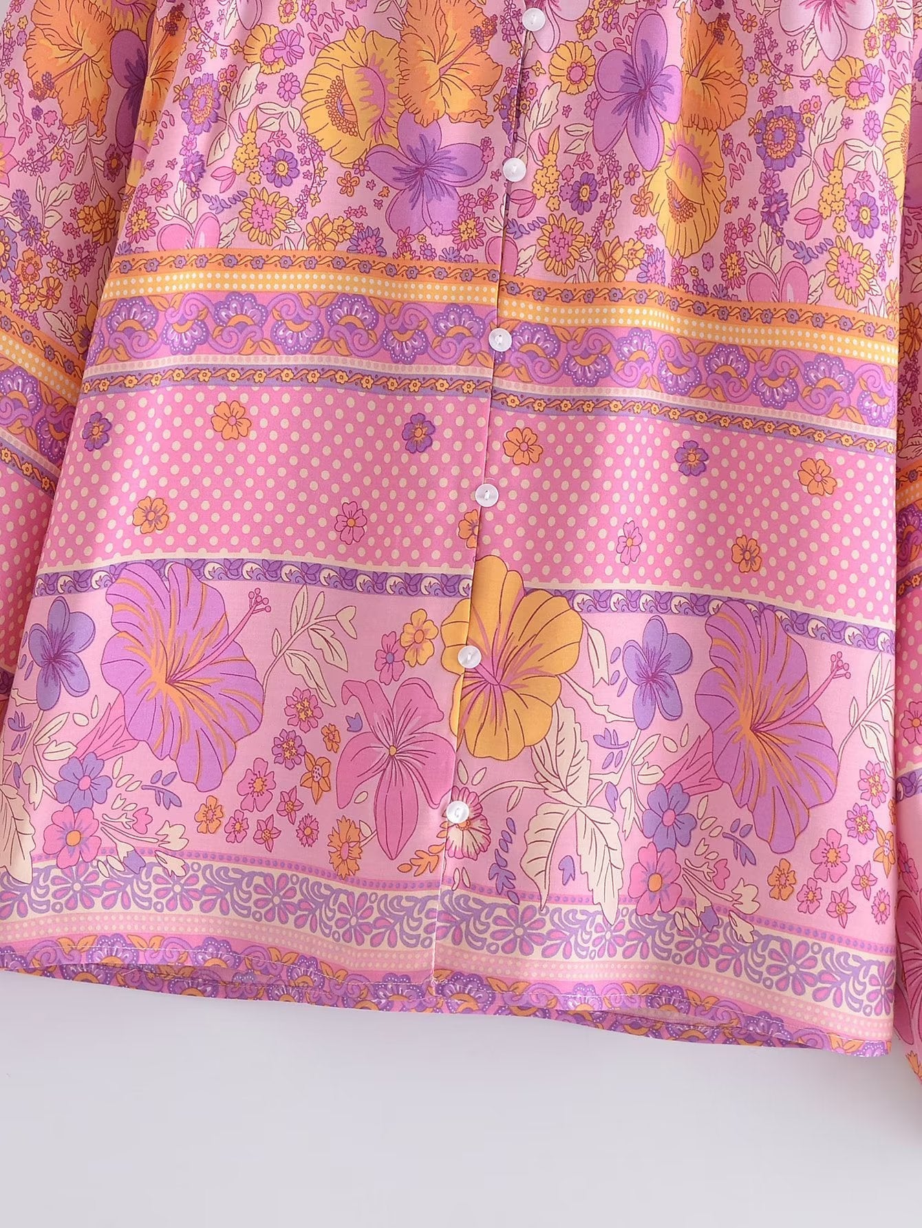 Pink Hibiscus Boho Floral Print Long Sleeve Blouse