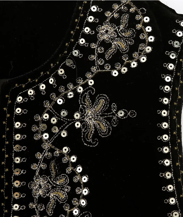 Black Boho Sequin Embroidered Vest