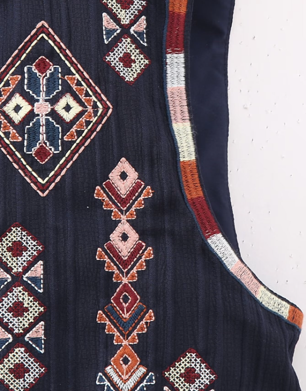 Navy Boho Aztec Embroidered Vest