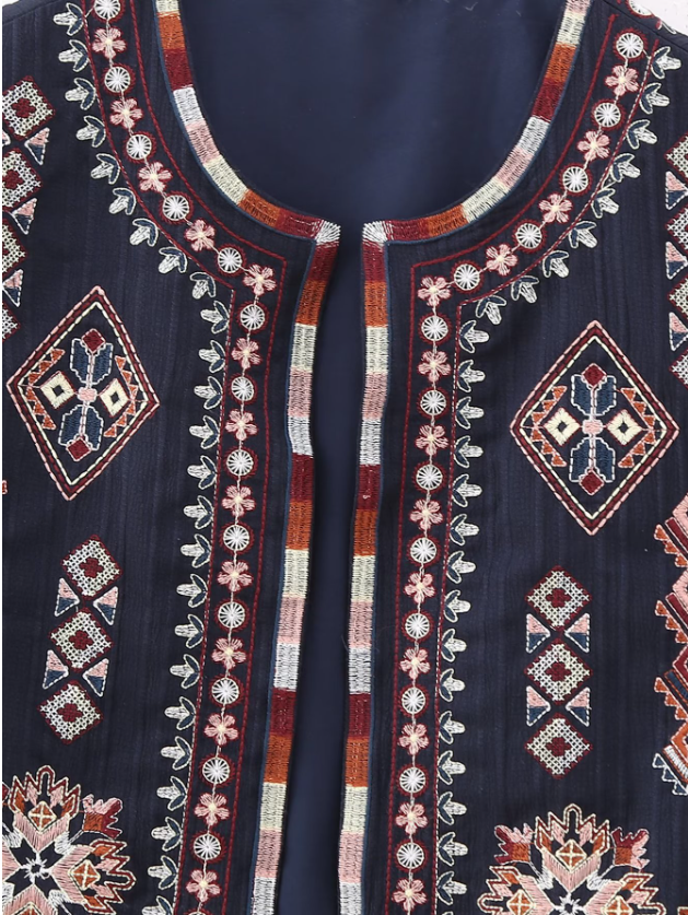 Navy Boho Aztec Embroidered Vest