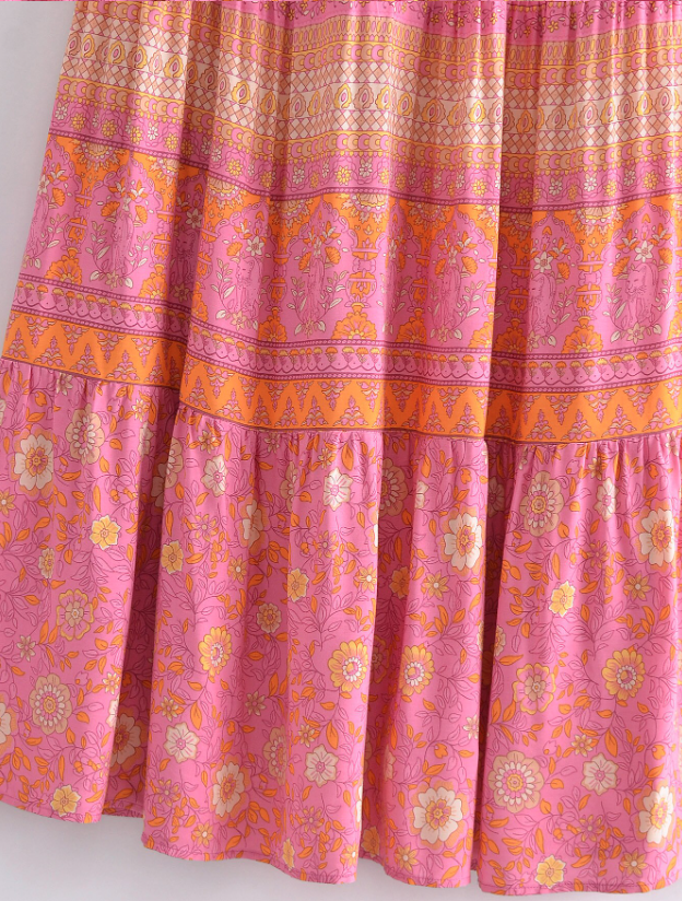 Capri Pink Boho Floral Print Midi Dress