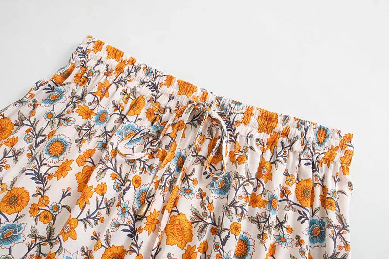 Sunny Marigold Boho Floral Print Midi Skirt