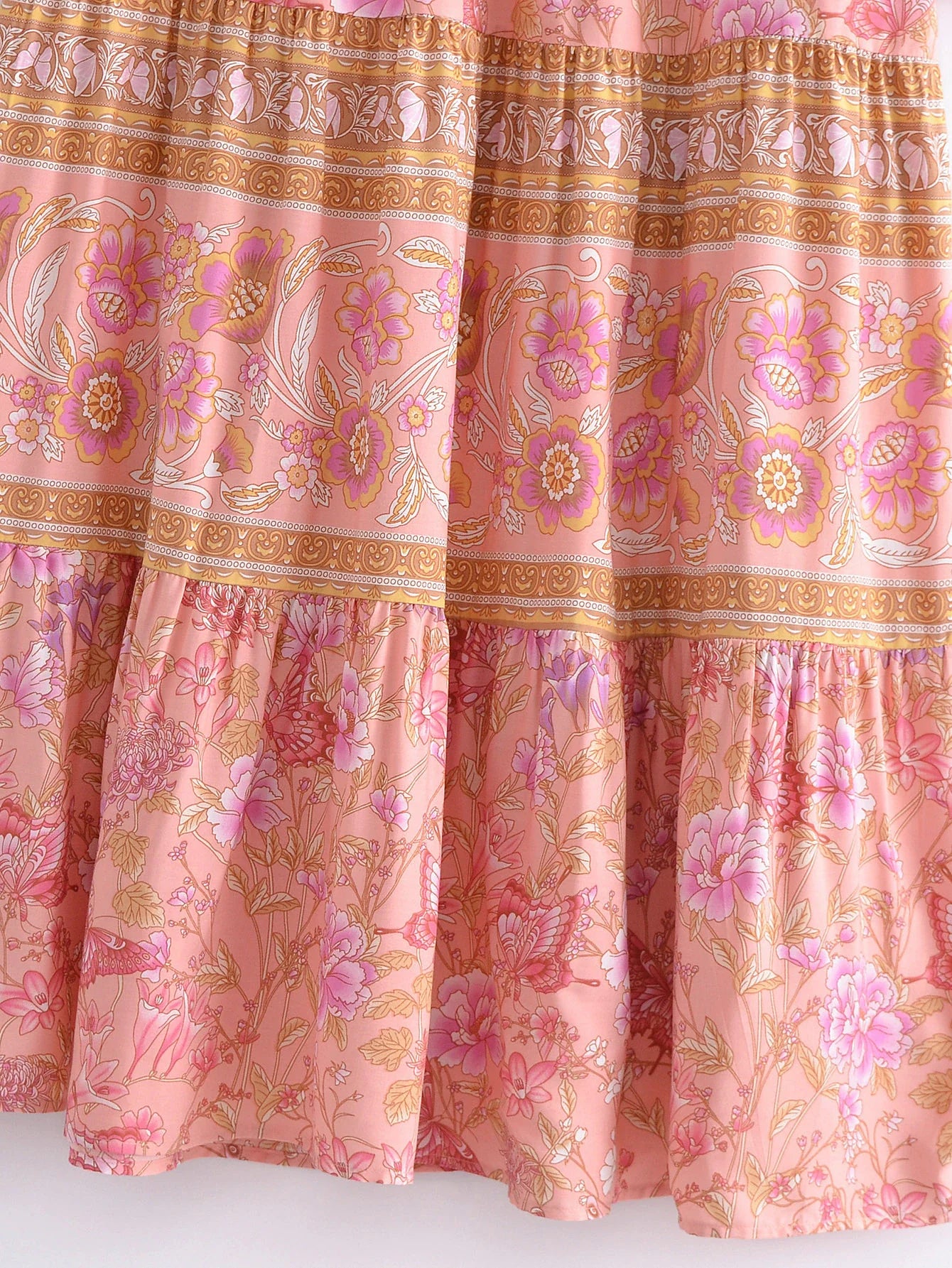 Pink Butterfly Boho Floral Print Long Sleeve Maxi Dress