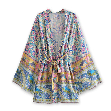 Golden Peacock Boho Floral Print Short Robe