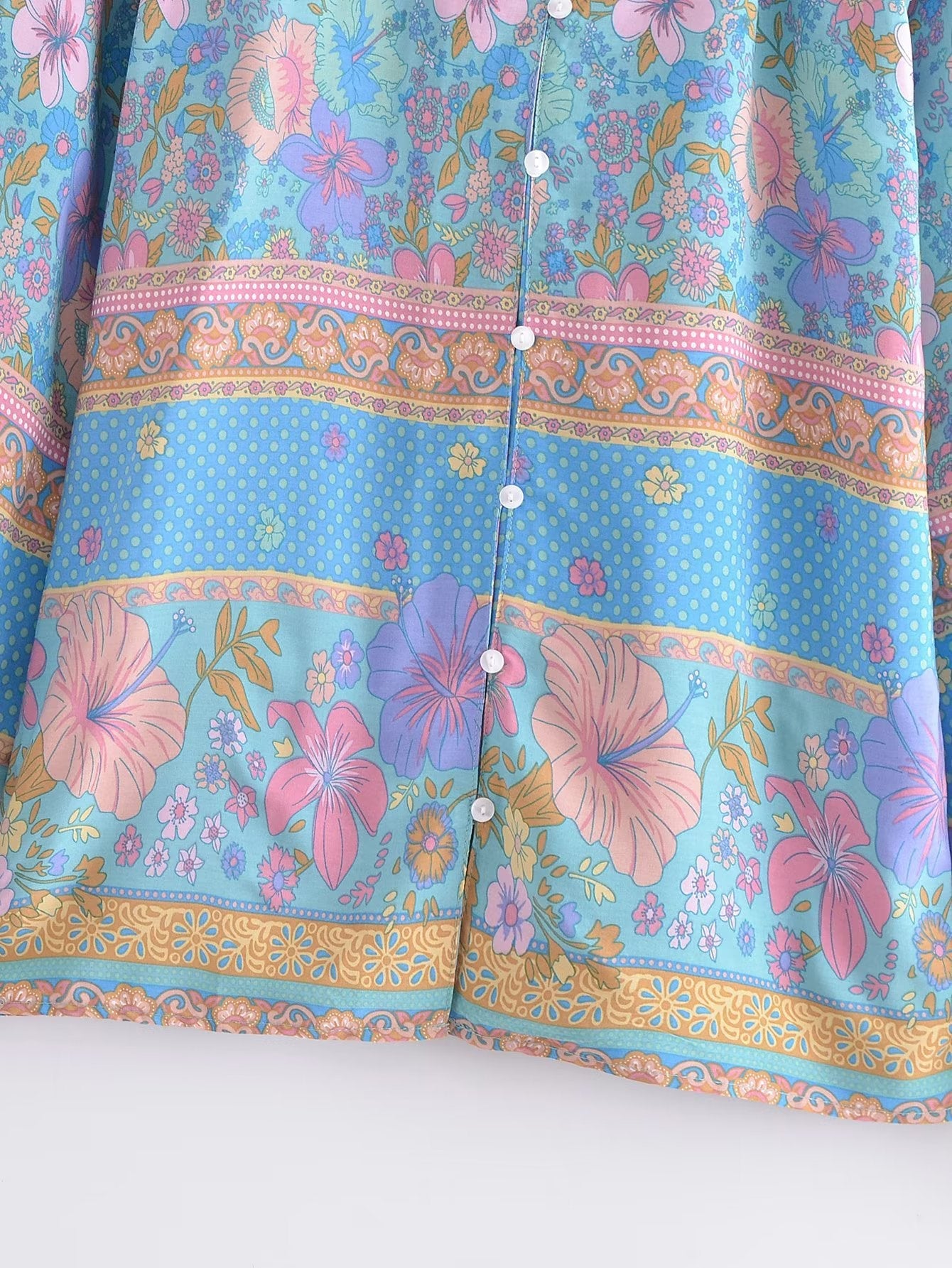 Blue Hibiscus Boho Floral Print Long Sleeve Blouse