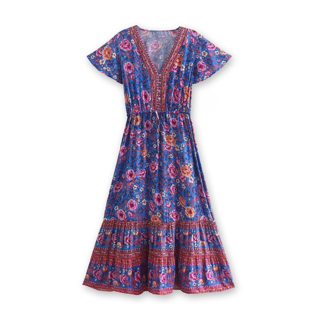 Royal Teal Bloom Boho Floral Print Midi Dress