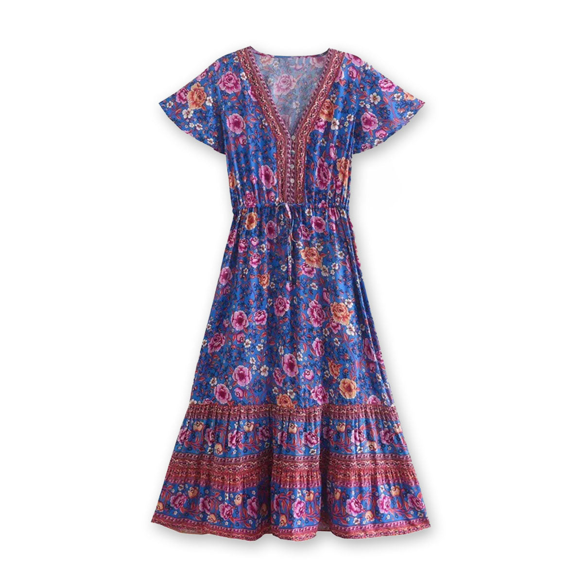 Royal Teal Bloom Boho Floral Print Midi Dress
