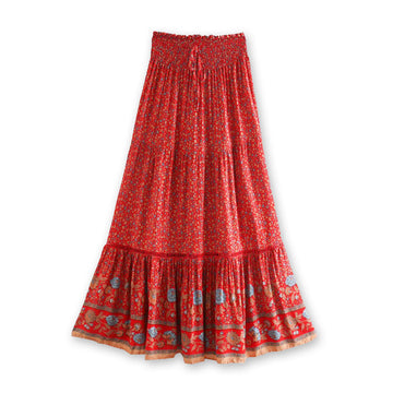 Rose Red Boho Floral Print Maxi Skirt