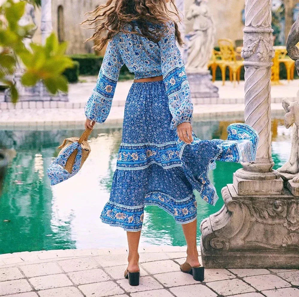 Blue Meadow Boho Floral Print Midi Skirt