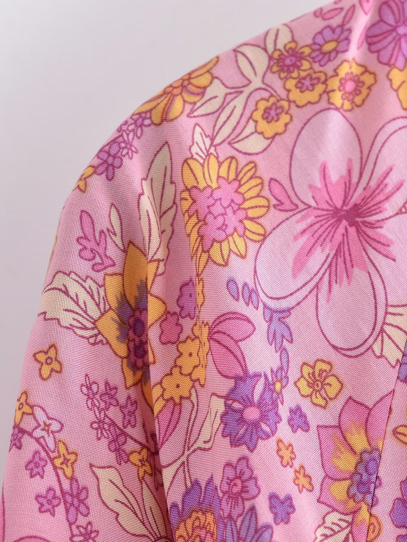 Pink Hibiscus Boho Floral Print Long Sleeve Blouse