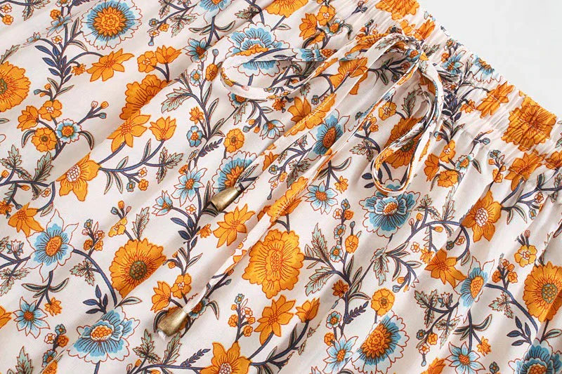 Sunny Marigold Boho Floral Print Midi Skirt