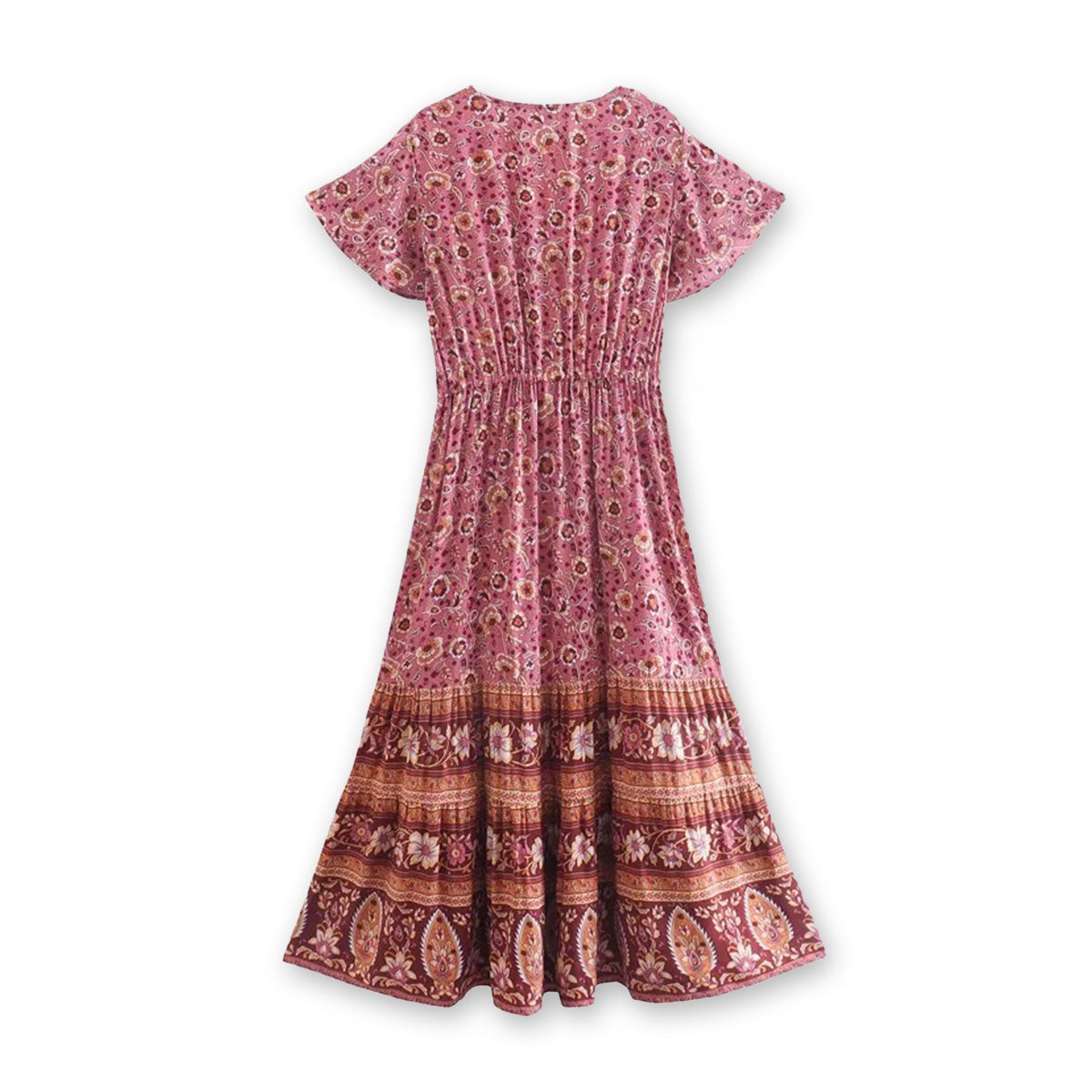 Rose Wine Boho Floral Print Midi Dress