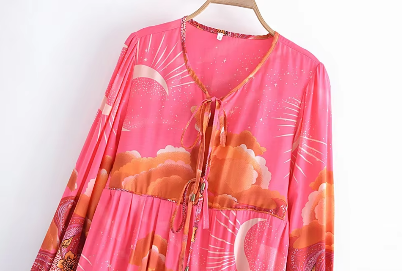 Moonstruck Pink Boho Floral Print Long Sleeve Maxi Dress