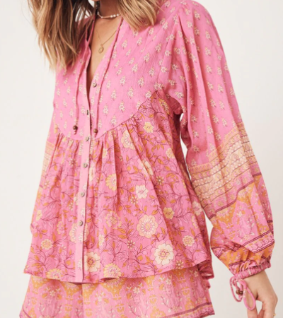 Capri Pink Boho Floral Print Long Sleeve Blouse