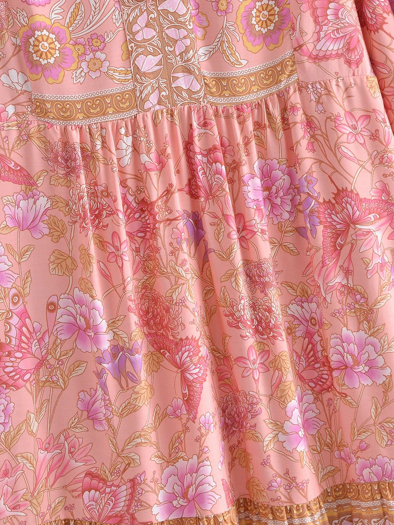 Pink Butterfly Boho Floral Print Long Sleeve Maxi Dress