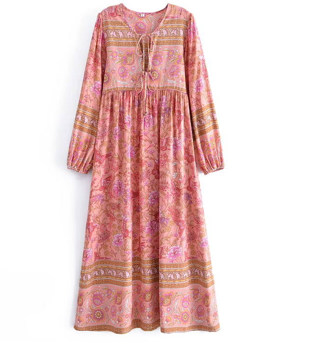 Pink Butterfly Boho Floral Print Long Sleeve Maxi Dress