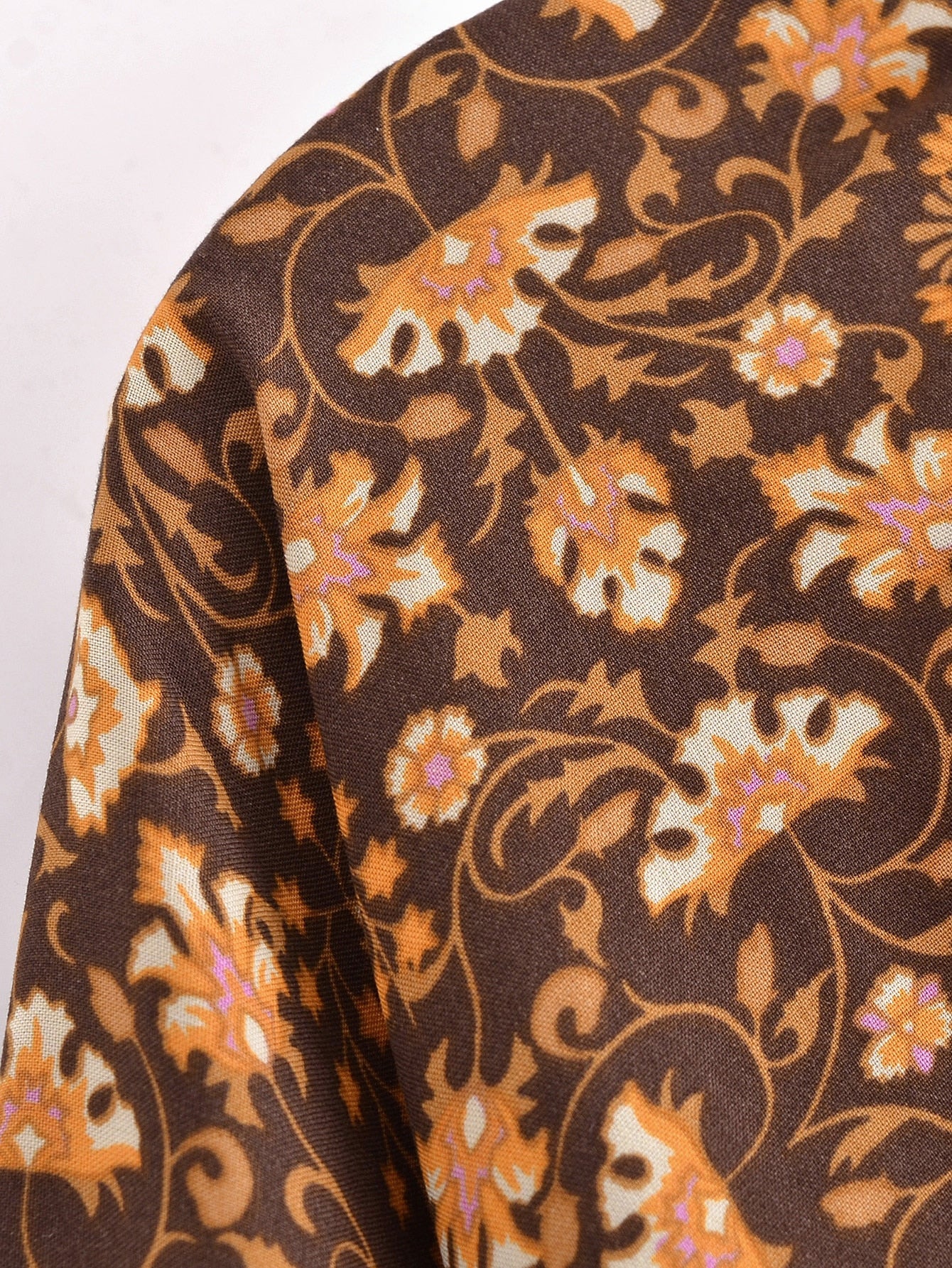 Espresso Brown Boho Floral Print Long Sleeve Blouse