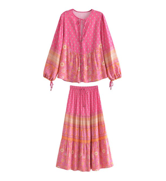 Capri Pink Floral Print Boho Maxi Skirt