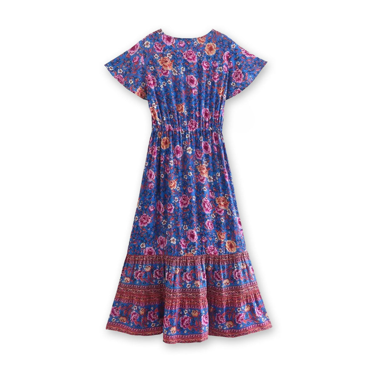 Royal Teal Bloom Boho Floral Print Midi Dress