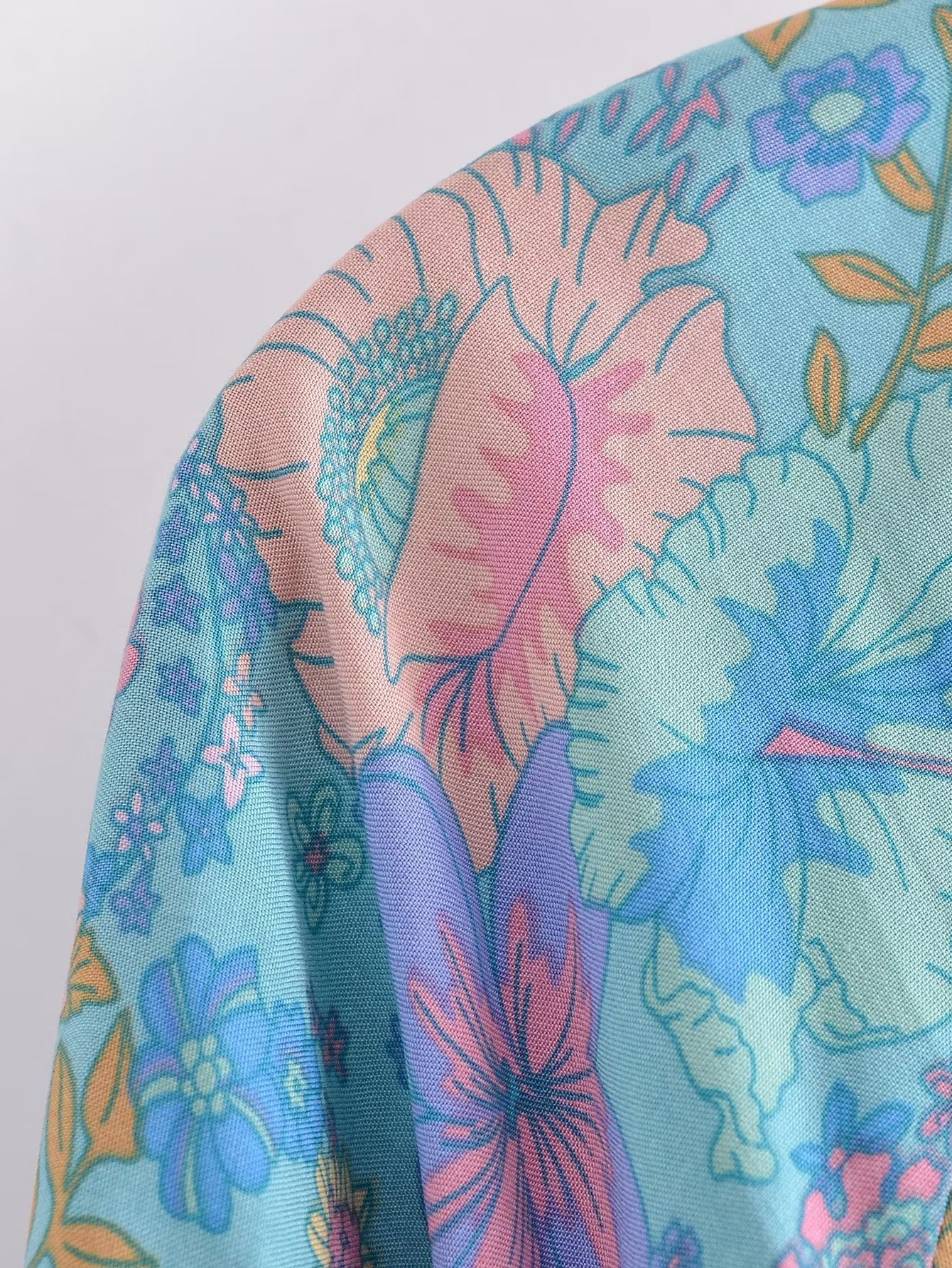 Blue Hibiscus Boho Floral Print Long Sleeve Blouse