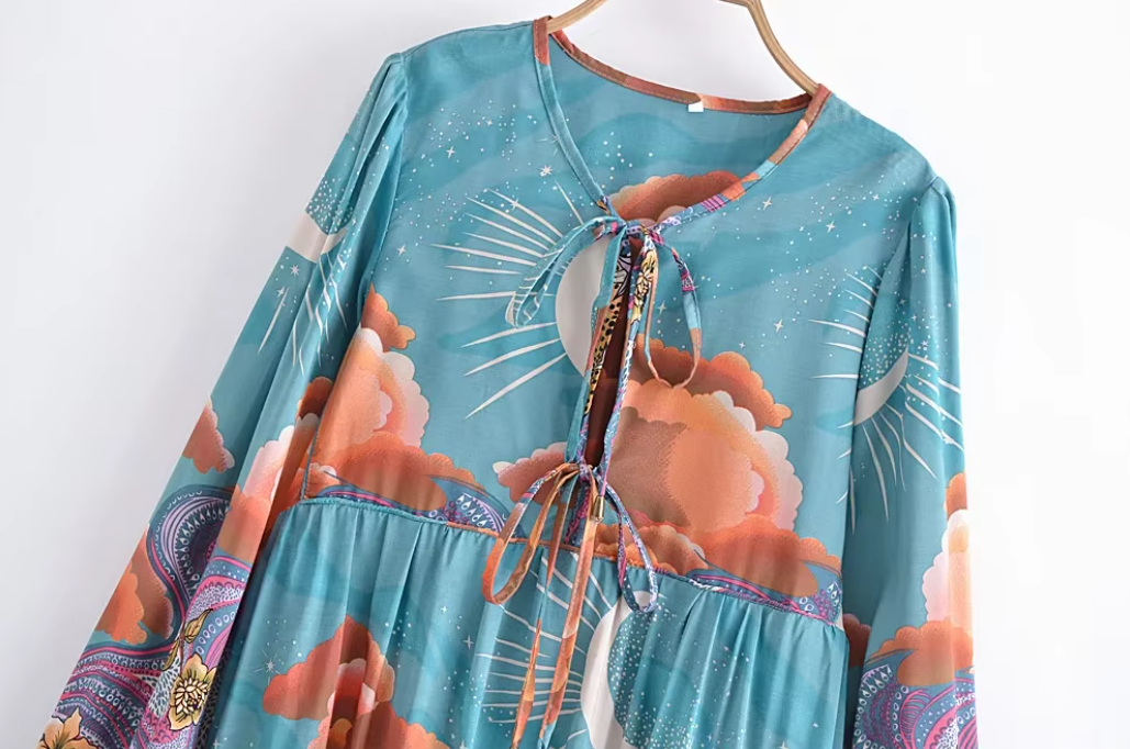 Moonstruck Teal Boho Floral Print Long Sleeve Maxi Dress