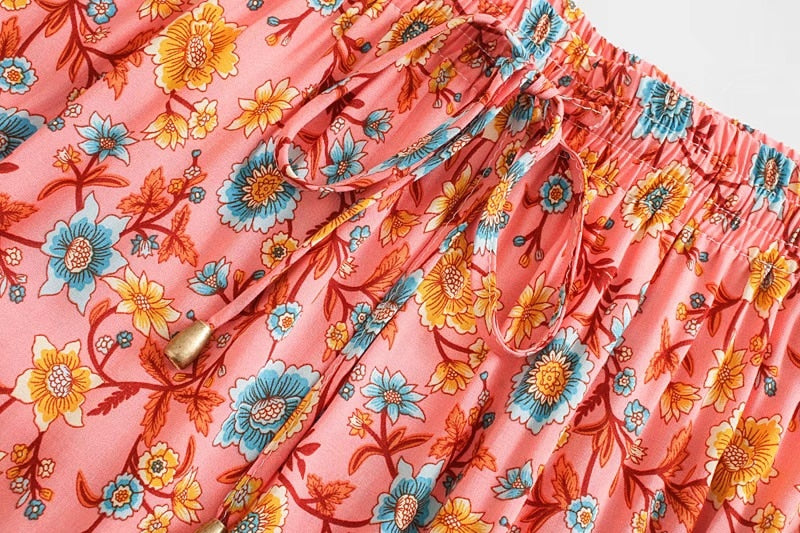 Serena Pink Boho Floral Print Midi Skirt