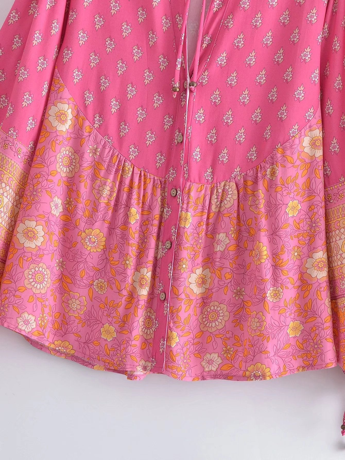 Capri Pink Boho Floral Print Long Sleeve Blouse