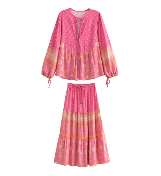 Capri Pink Boho Floral Print Long Sleeve Blouse