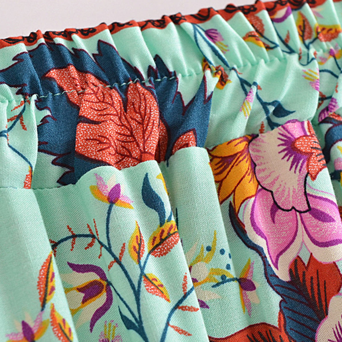 Aqua Blue Peacock Boho Floral Print Midi Skirt