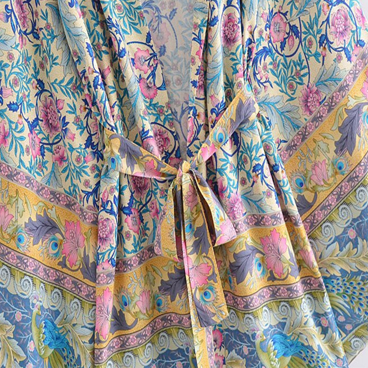 Golden Peacock Boho Floral Print Short Robe