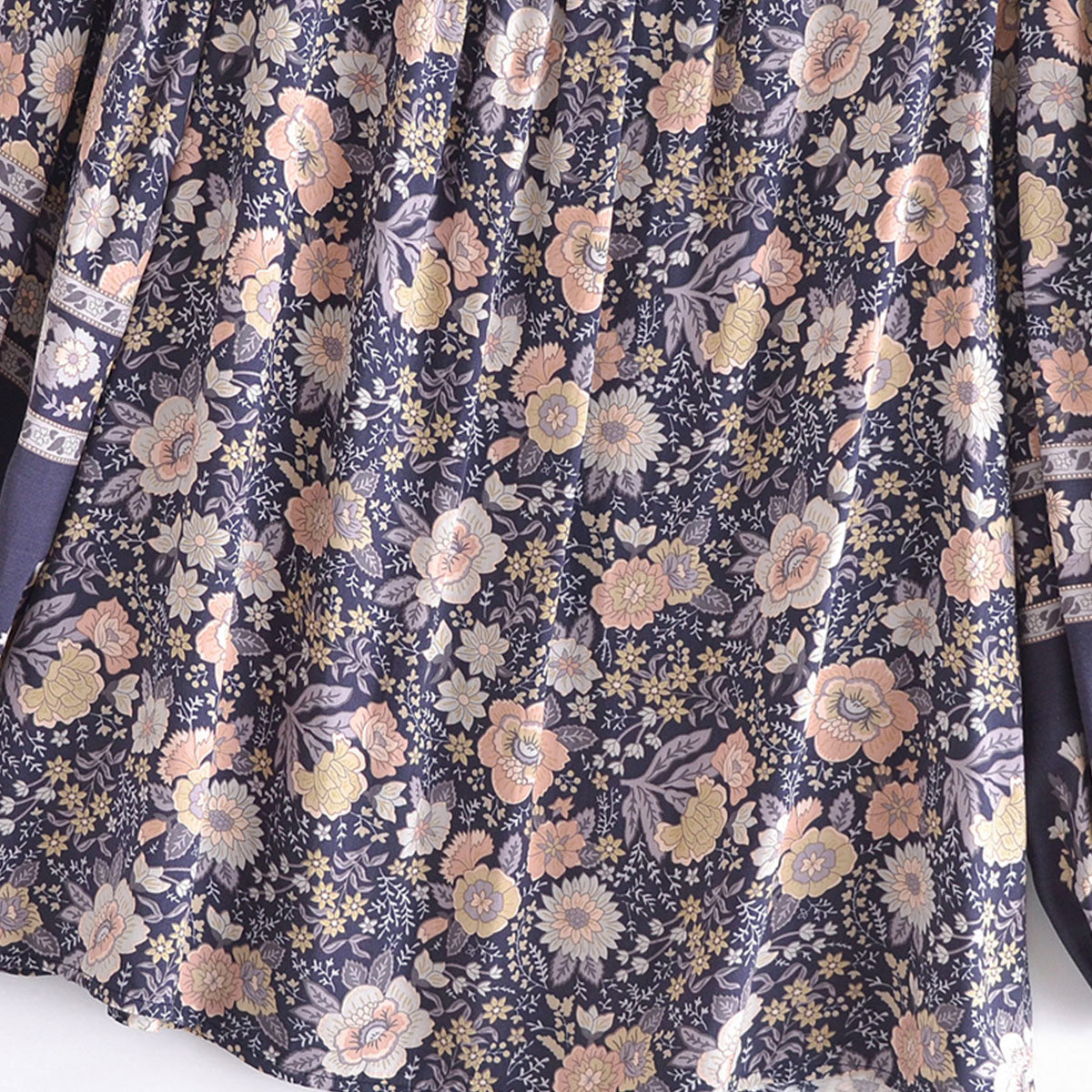 Midnight Blue Boho Floral Print Long Sleeve Blouse