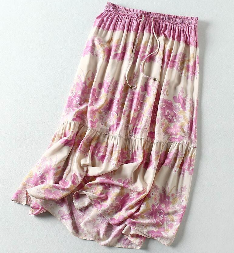 Pink Lovebird Boho Floral Print Midi Skirt