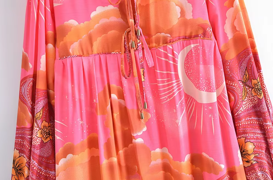 Moonstruck Pink Boho Floral Print Long Sleeve Maxi Dress