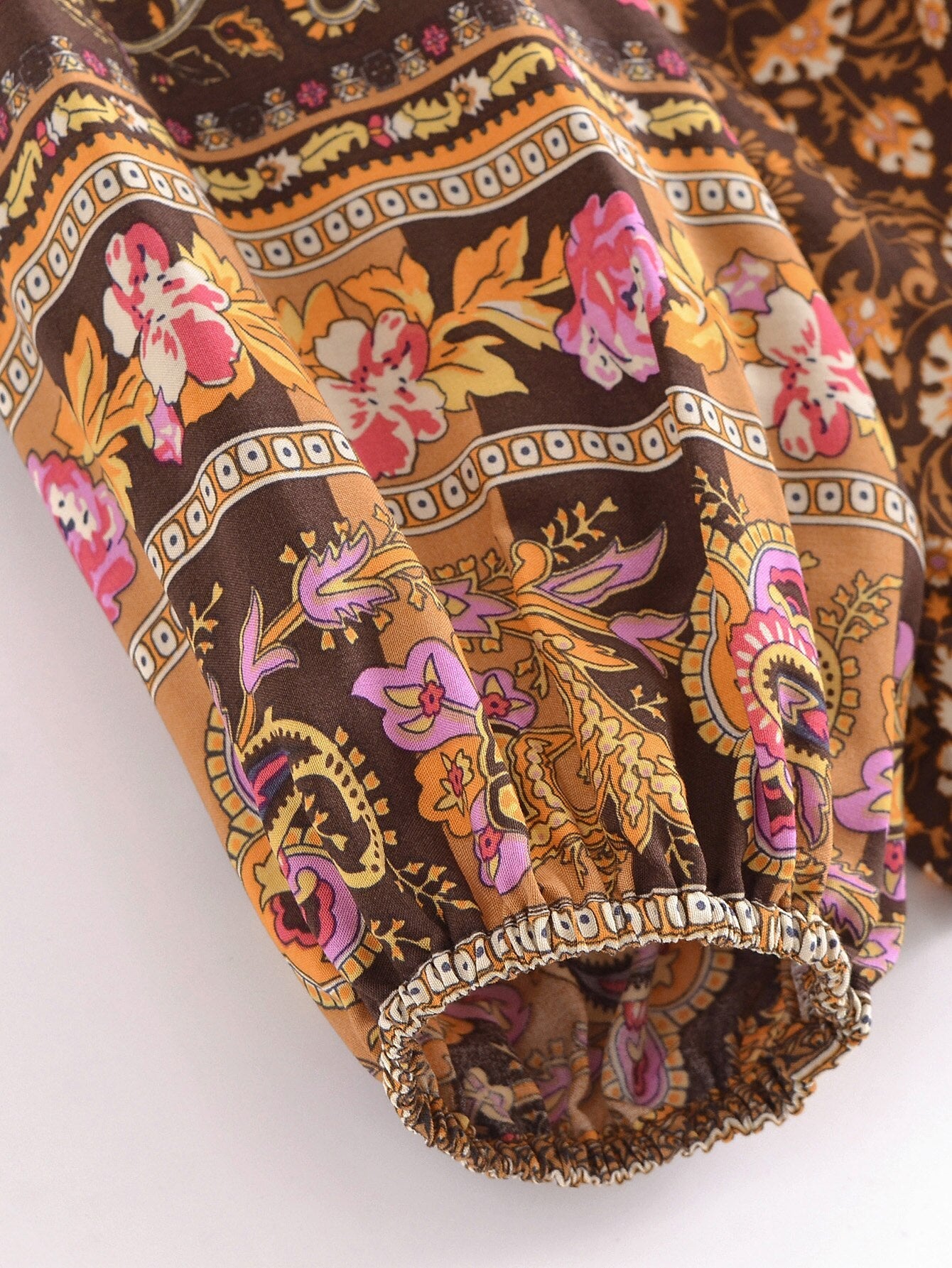 Espresso Brown Boho Floral Print Long Sleeve Blouse