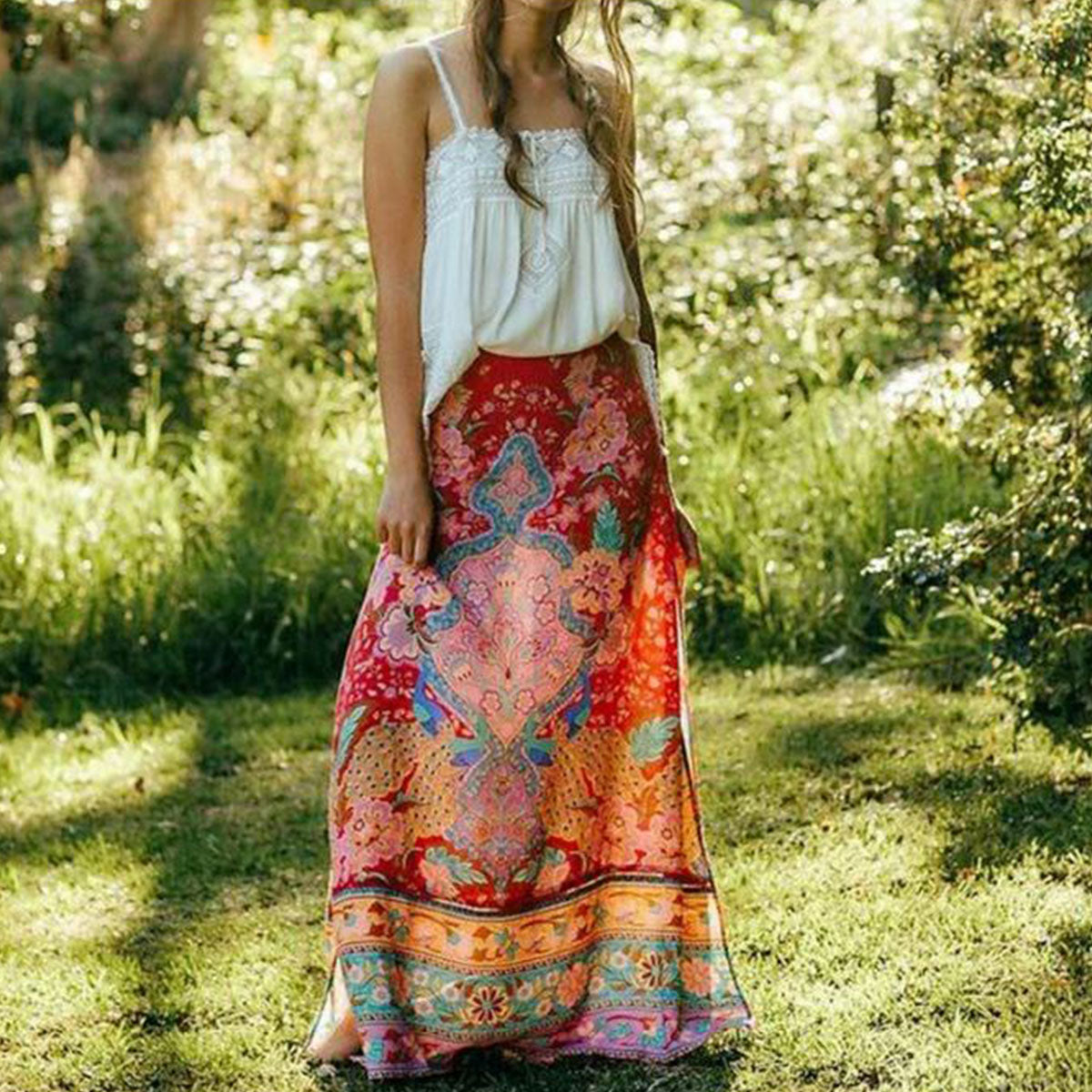 Ravishing Red Floral Print Boho Midi Skirt