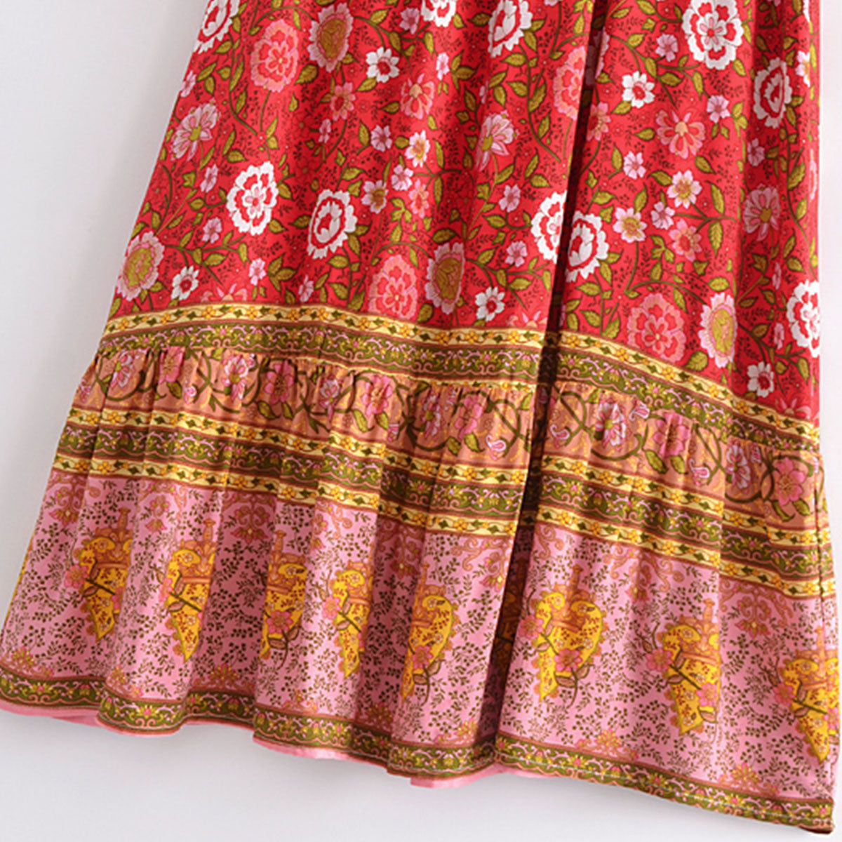 Strawberry Rose Boho Floral Print Maxi Skirt