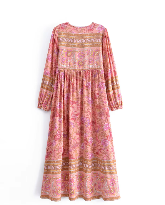Pink Butterfly Boho Floral Print Long Sleeve Maxi Dress