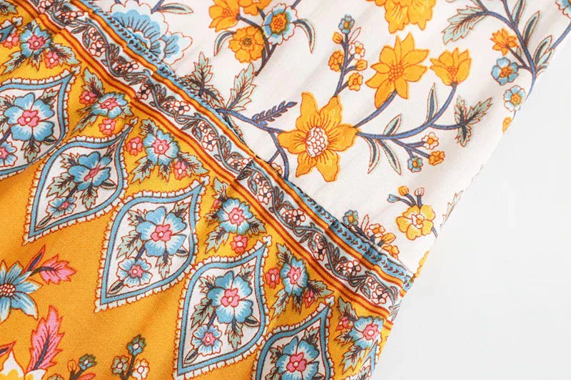 Sunny Marigold Boho Floral Print Midi Skirt