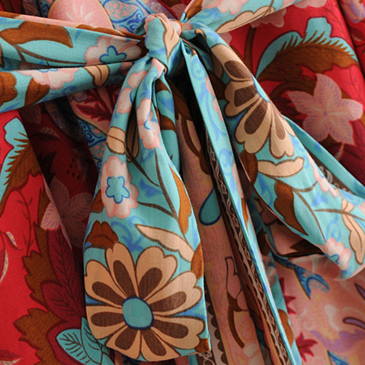 Fiery Red Peacock Boho Floral Print Midi Dress