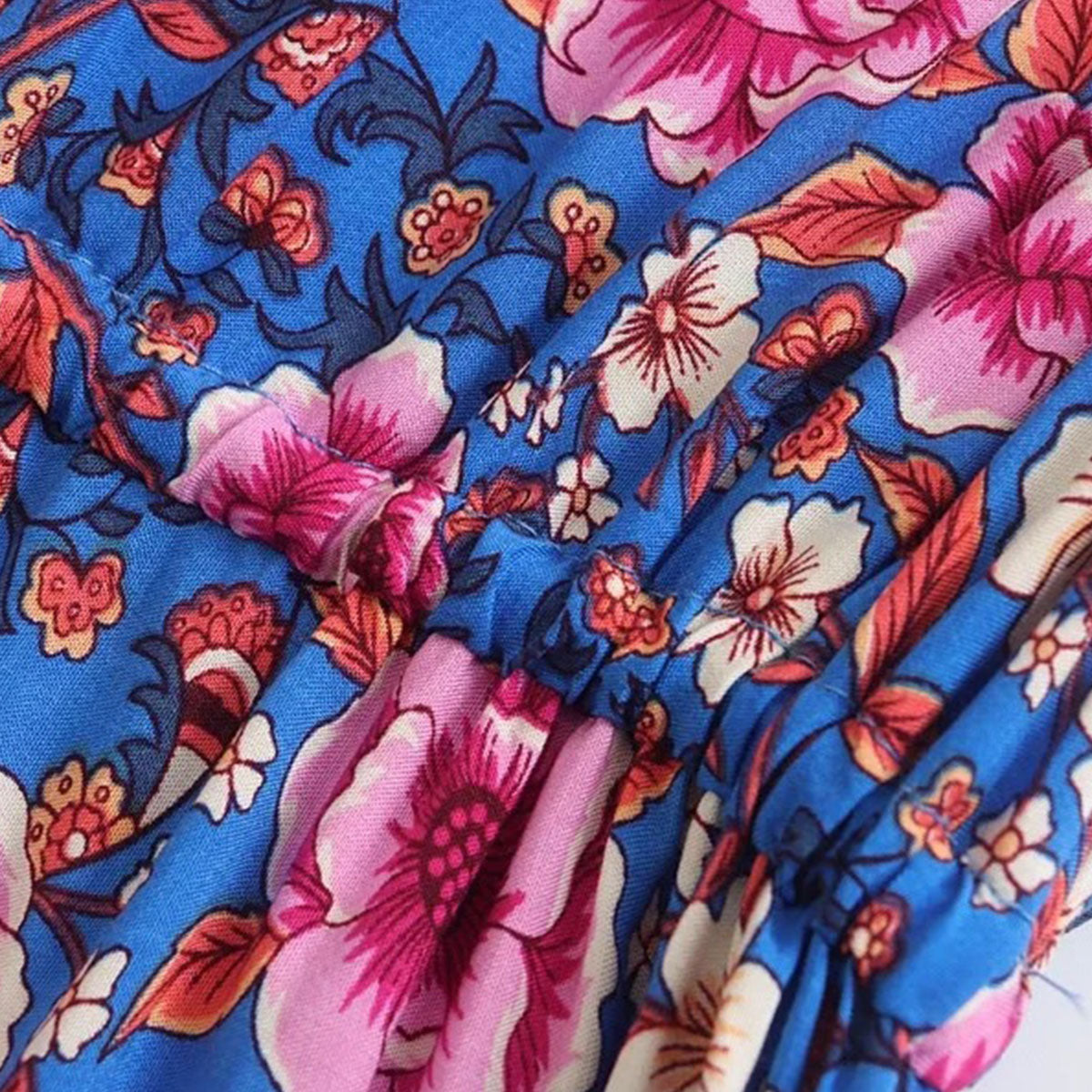 Royal Teal Bloom Boho Floral Print Midi Dress