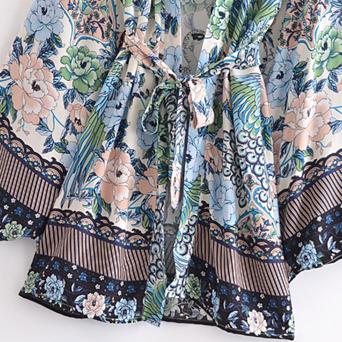 Blue Peacock Boho Floral Print Short Robe