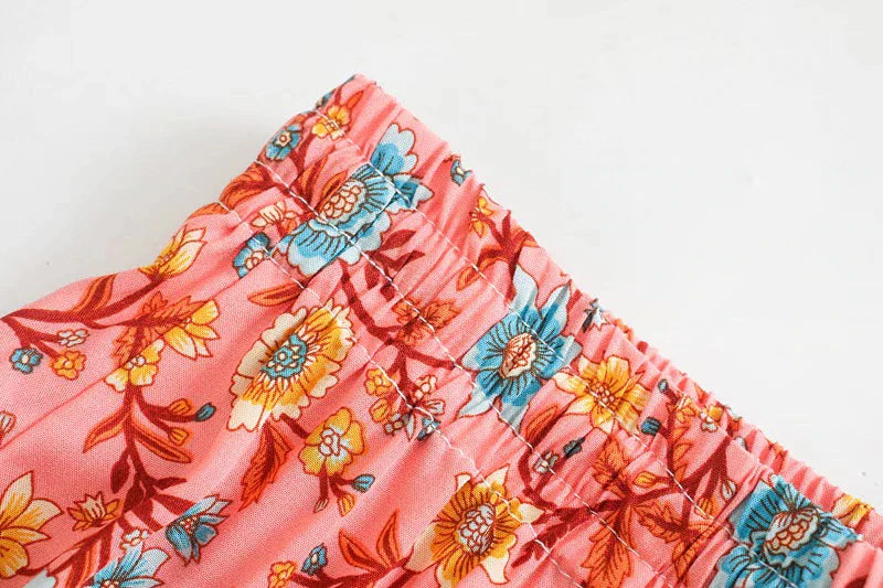 Serena Pink Boho Floral Print Midi Skirt